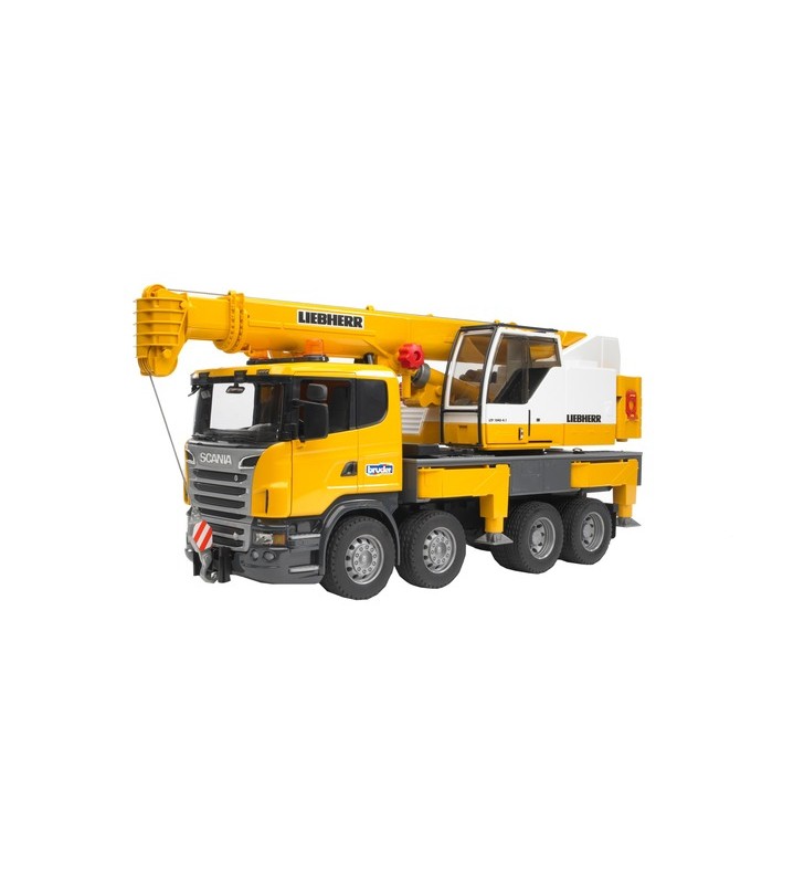 Bruder scania r seria liebherr camion cu macara, model de vehicul (galben, cu modul de lumină și sunet)