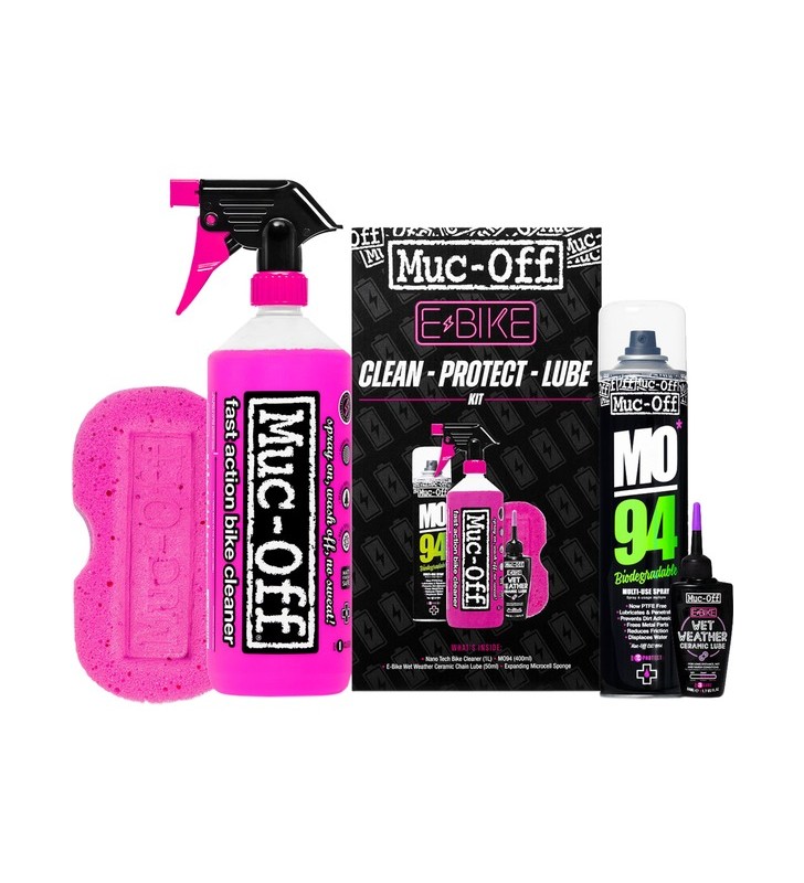 Muc-off ebike clean, protect & lube kit (versiunea wet lube), agent de curățare (detergent + spray de întreținere + lubrifiant pentru lanț + burete)