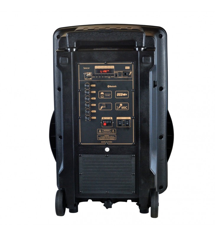 Boxe spacer portabile bluetooth, tip troler, rms: 120w, 15" woofer, acumulator 4.5a, input : aux audio, guitar, usb/microsd, re