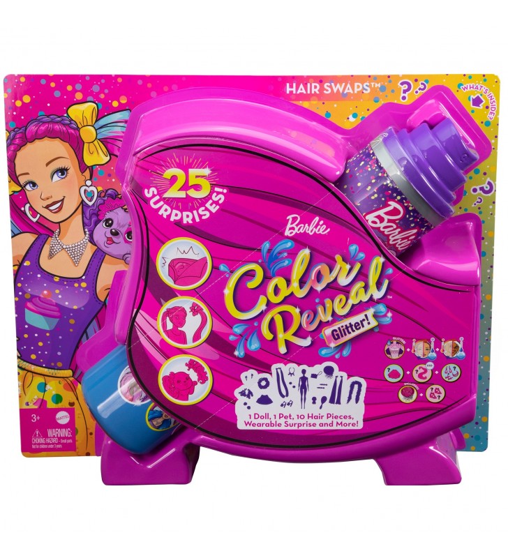 Mattel barbie color reveal sclipici! papusa de schimbare a parului roz glitter cu 25 de surprize