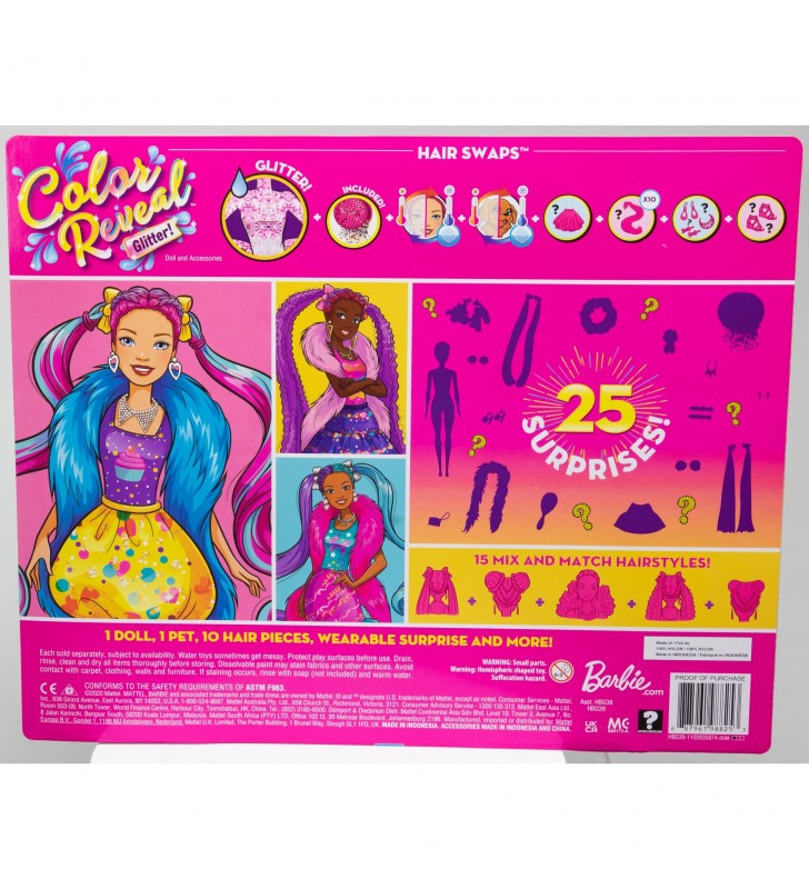 Mattel barbie color reveal sclipici! papusa de schimbare a parului sclipici albastru cu 25 de surprize