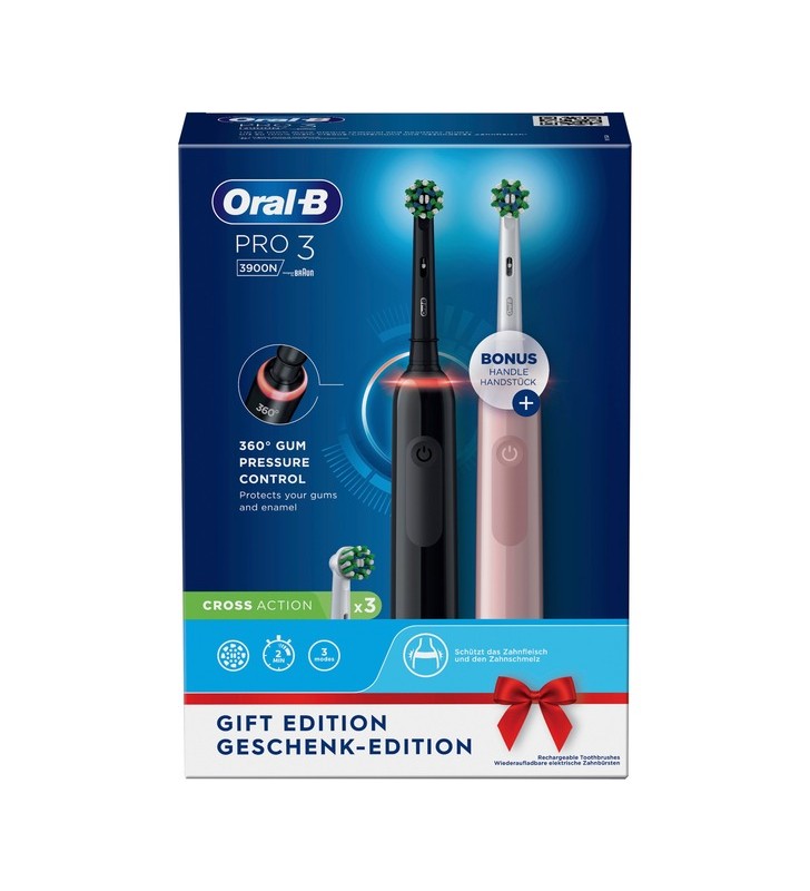Braun oral-b pro 3 3900n gift edition, periuta de dinti electrica (negru/roz, inclusiv a doua piesă de mână)
