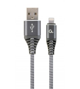 Cablu usb2.0 la lightning apple  gembird  1m, (am/lm), cotton braided premium, space grey&ampwhite, "cc-usb2b-amlm-1m-wb2"
