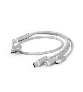 Cablu usb2.0 la micro-usb, usb-c si lightning apple gembird, 1m, (am/31), braided jacket, silver, "cc-usb2-am31-1m-s"