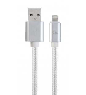 Cotton braided 8-pin cable with metal connectors, 1.8 m, silver color, blister "ccb-musb2b-amlm-6-s"