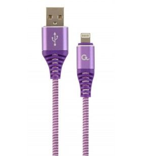 Premium cotton braided 8-pin charging and data cable, 1 m, purple/white "cc-usb2b-amlm-1m-pw"