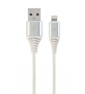 Premium cotton braided 8-pin charging and data cable, 2 m, silver/white "cc-usb2b-amlm-2m-bw2"