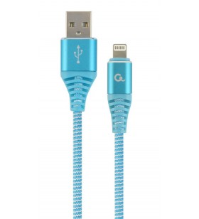Premium cotton braided 8-pin charging and data cable, 2 m, turquoise blue/white "cc-usb2b-amlm-2m-vw"