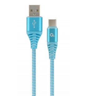 Premium cotton braided type-c usb charging and data cable, 1 m, turquoise blue/white "cc-usb2b-amcm-1m-vw"