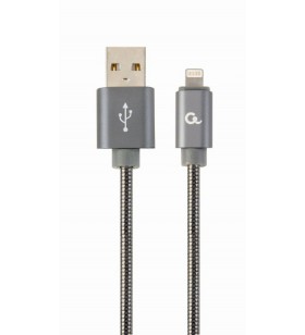 Premium spiral metal 8-pin charging and data cable, 2 m, metallic-grey "cc-usb2s-amlm-2m-bg"