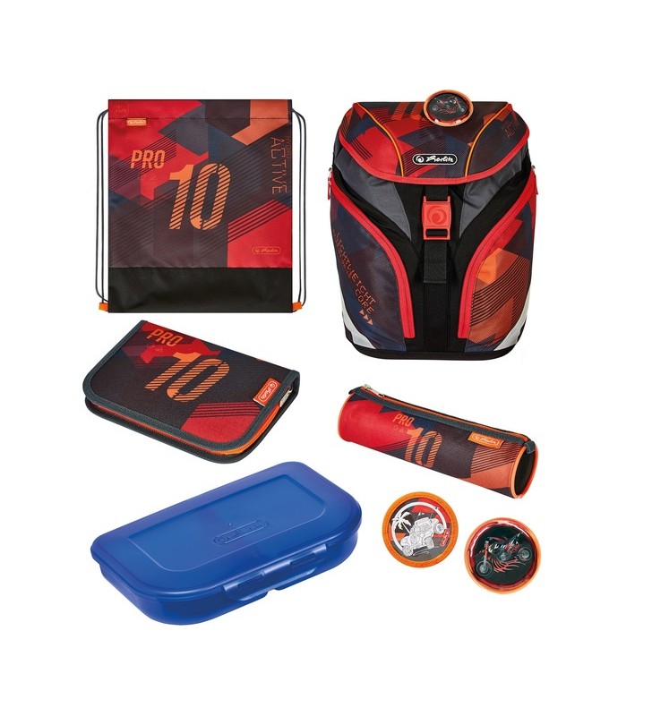 Herlitz softlight plus sports, ghiozdan (negru/roșu, inclusiv trusă de 16 piese, trusă, geantă de sport)