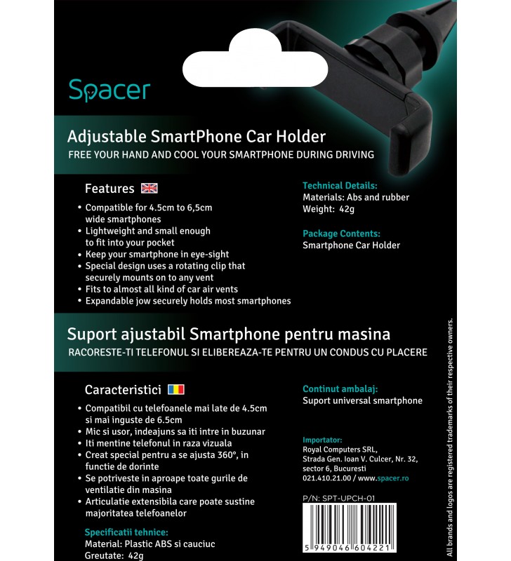 Suport auto spacer pt. smartphone, car holder, ajustabil, retail box, black, "spt-upch-01"