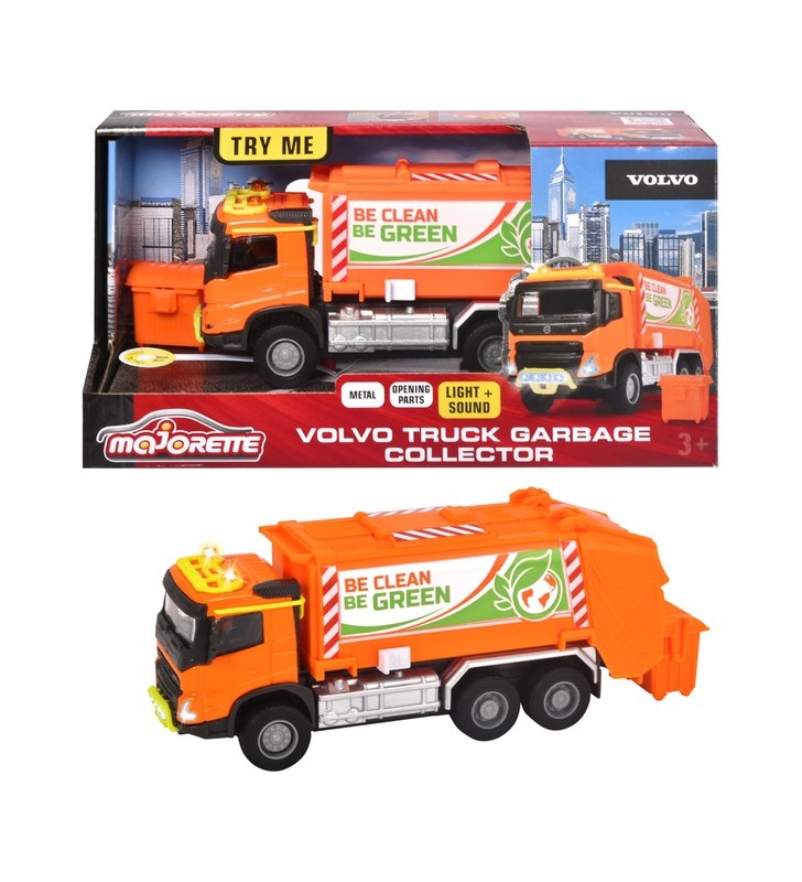 Camion de gunoi majorette volvo cu container de gunoi, vehicul de jucărie (portocaliu, cu lumină și sunet)