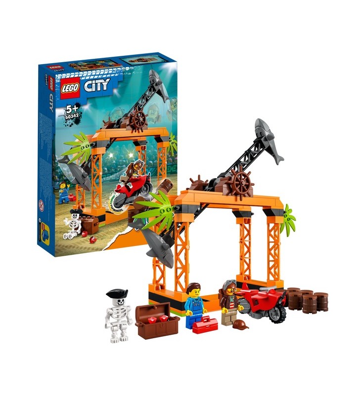 Jucărie de construcție lego 60342 city stuntz atacul cu rechinii provocarea cascadorii (inclusiv minifigurină cu motocicleta și cascadorii)