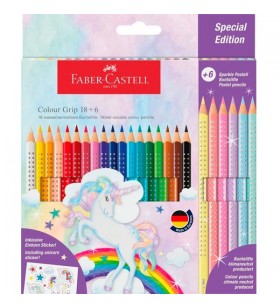 Creion colorat faber-castell color grip unicorn 18+6, set (inclusiv autocolant cu unicorn)