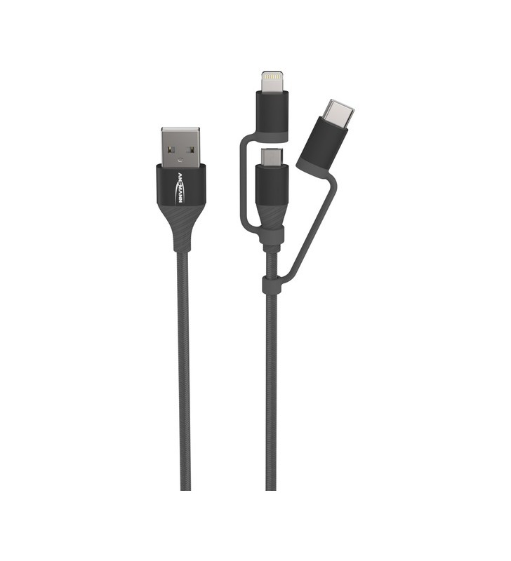 Cablu ansmann usb 2.0, mufa usb-a - micro-usb + usb-c + mufa lightning (negru, 1,2 metri, cu mâneci)