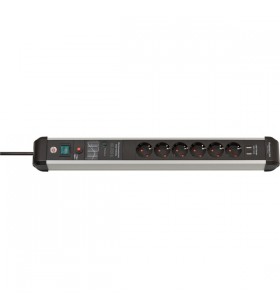 Brennenstuhl Premium Protect Line bandă de priză cu 6 căi (negru/aluminiu, 3 metri, protecție la supratensiune 60.000 A, 2x USB-A)