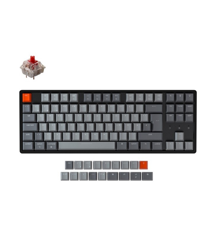 Keychron K8, tastatură pentru jocuri (negru/gri, aspect DE, roșu Gateron, înlocuire la cald, cadru din aluminiu, RGB)