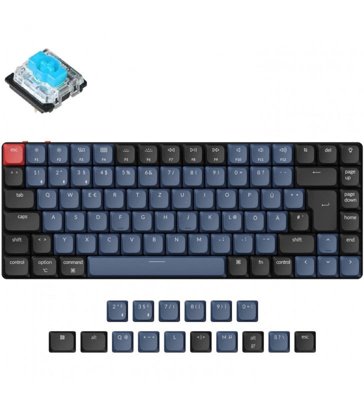 Keychron K3 Pro, tastatură pentru jocuri (negru/albastru-gri, aspect DE, Gateron Low Profile Mechanical Blue, hot-swap, cadru din aluminiu, RGB)