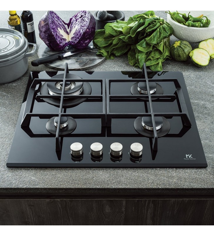 Plita gaz master kitchen, gama edge, design sticla neagra, latime 60 cm, 4 arzatoare, gratare fonta, arzator wok, aprindere integrata, siguranta arzatoare