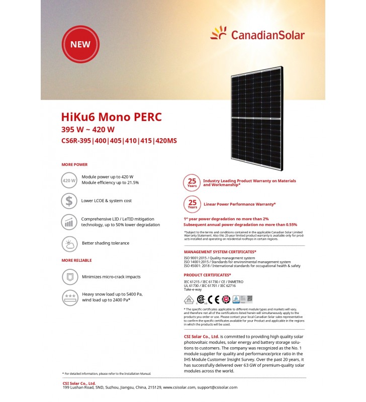 Panou solar fotovoltaic Canadian Solar 405w monocristalin HiKu CS6R405MSBF, 405w 108 celule