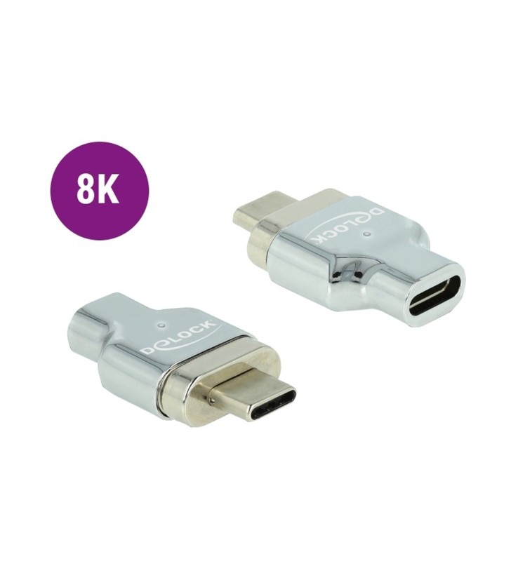 Adaptor magnetic DeLOCK USB 3.2 Gen 2, USB-C tată - USB-C mamă (argintiu, 8K 30Hz, Thunderbolt 3, PD, încărcare cu până la 100 wați)