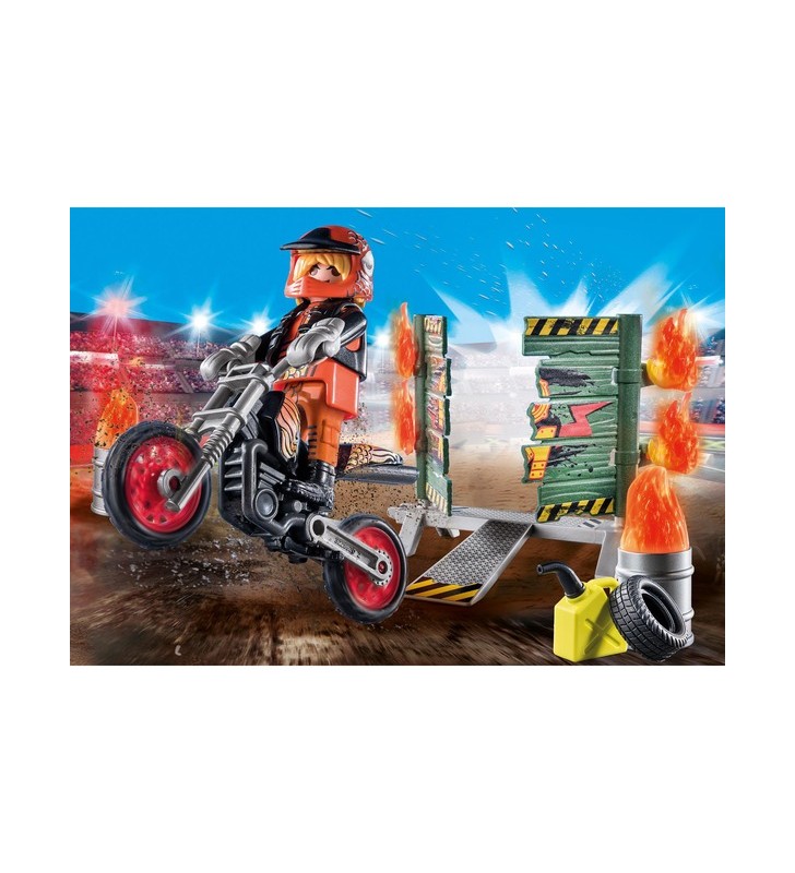PLAYMOBIL 71256 Pachet de start Stunt Show Motocicletă Stunt Show cu zidul de foc Jucărie de construcție