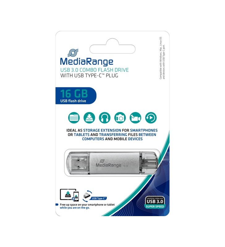 Memorie combo MediaRange de 16 GB, stick USB (argintiu/transparent, USB-A 3.2 Gen 1, USB-C 3.2 Gen 1)