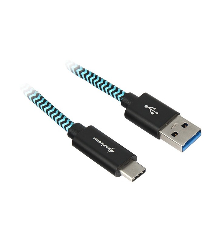 Cablu Sharkoon USB 3.2 Gen 2, USB-A tată - USB-C tată (negru/albastru deschis, 1 metru, cu mâneci)