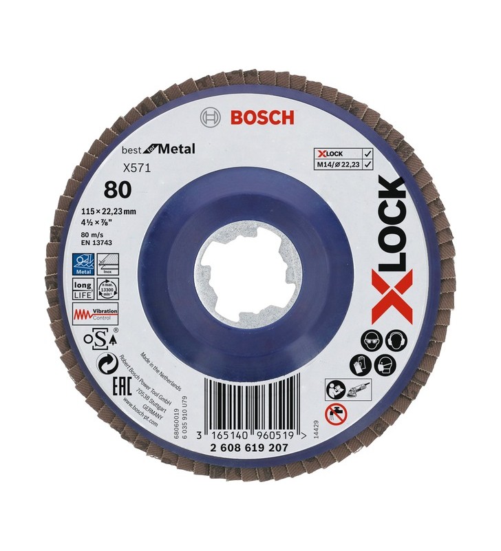 Șaibă de blocare zimțată Bosch X-LOCK X571 Best for Metal, Ø 115 mm, K80, roată de șlefuit