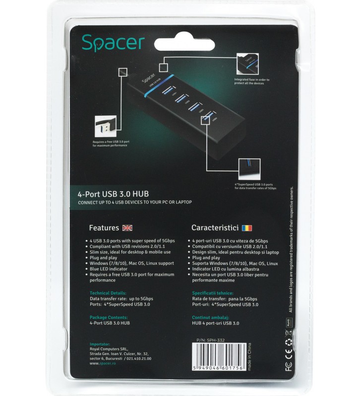 HUB USB 3.0 extern SPACER, 4*USB,  black "SPH-332" 45504832 (include timbru verde 0.5 lei)