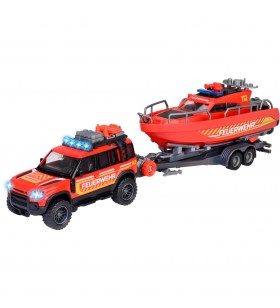 Mașină de pompieri Majorette Land Rover cu barcă, vehicul de jucărie