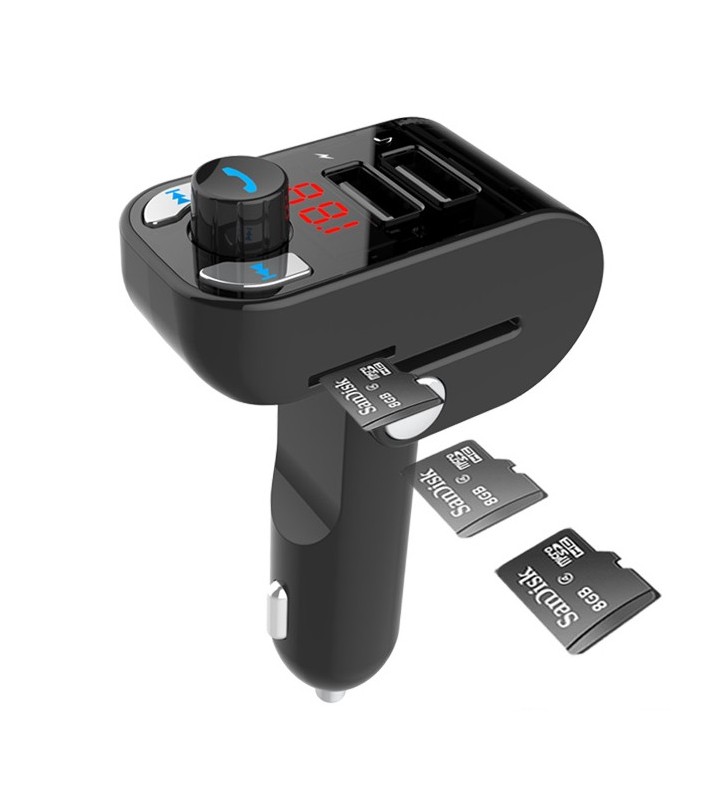 3-in-1 bluetooth carkit with fm-radio transmitter and usb 3.1 a charger, black "btt-02"