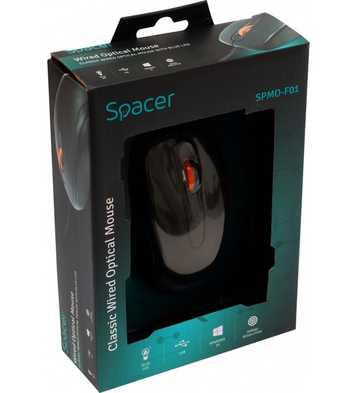 Mouse spacer usb optic. 1000dpi, 3 butoane, 1 rotita scroll, black, "spmo-f01" 45505162 (include timbru verde 0.1 lei)