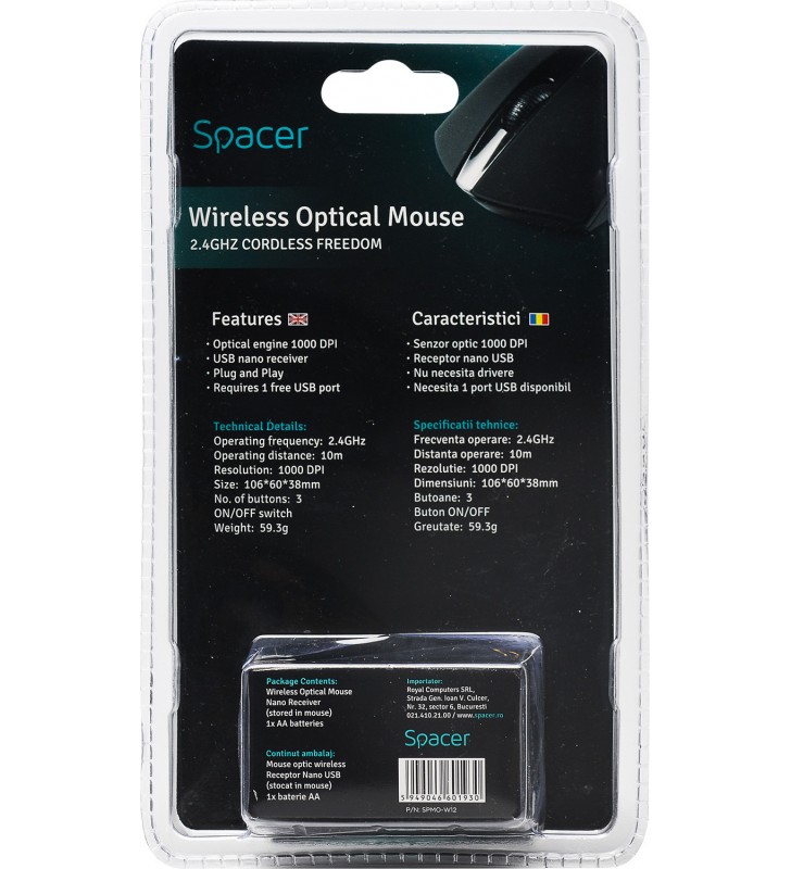 Mouse spacer wireless. 1600dpi, 3 butoane, 1 rotita scroll, black "spmo-w02" (include timbru verde 0.1 lei)