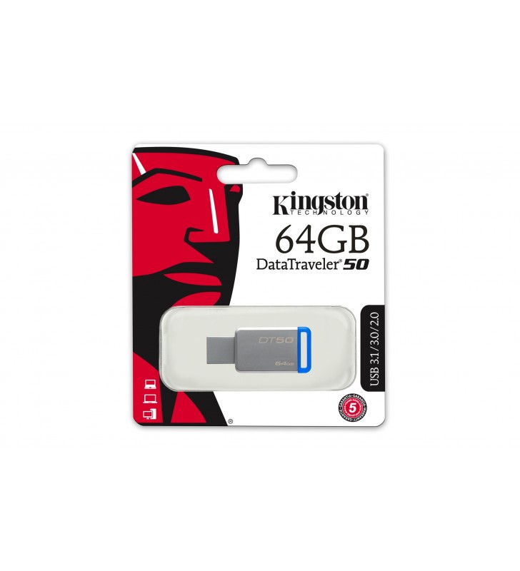 Kingston technology datatraveler 50 64gb memorii flash usb 64 giga bites usb tip-a 3.2 gen 1 (3.1 gen 1) albastru, argint