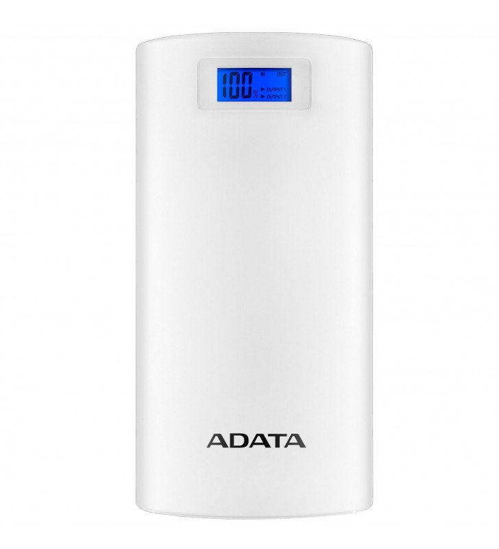 Power bank adata 20000mah, 2 x usb, digital display pt. status baterie, p20000d 20.000 mah, total 2.1a, white, "ap20000d-dgt-5v
