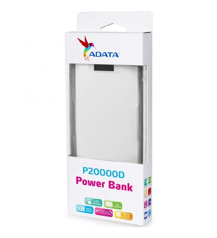 Power bank adata 20000mah, 2 x usb, digital display pt. status baterie, p20000d 20.000 mah, total 2.1a, white, "ap20000d-dgt-5v