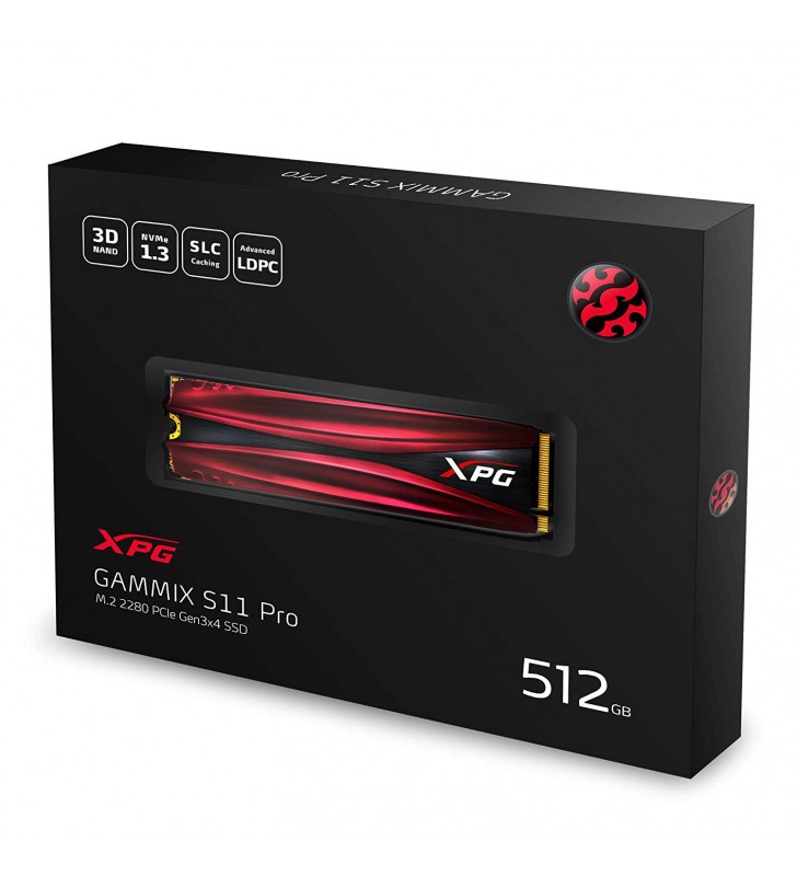 Ssd adata, gammix s11 pro, 512gb, m.2-2280, 3d 3d nand flash, r/w speed: up to 3500/3000mb/s , pcie 3.0x4 nvme "agammixs11p-512