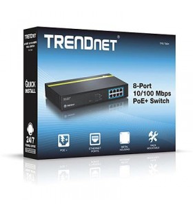 Trendnet 8-port 10/100 mbps poe+ switch, tpe-t80h, 8* 10/100 mbps poe+ports, ieee 802.3u, ieee 802.3x, ieee 802.3af (15.4 watts/