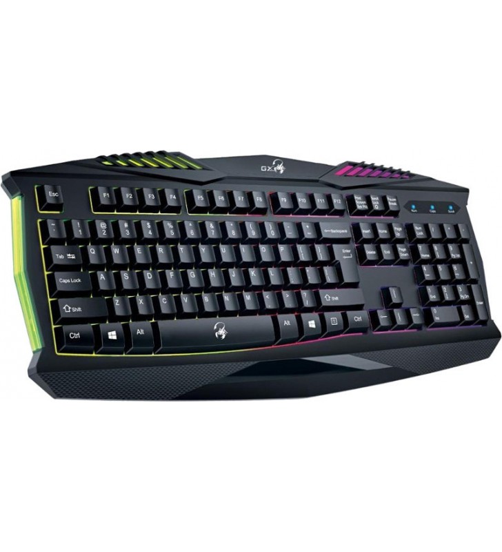 Tastatura genius gaming usb, multimedia, 104 taste (dintre care 12 au si fct. multimedia), iluminare 7 culori, black, "scorpion