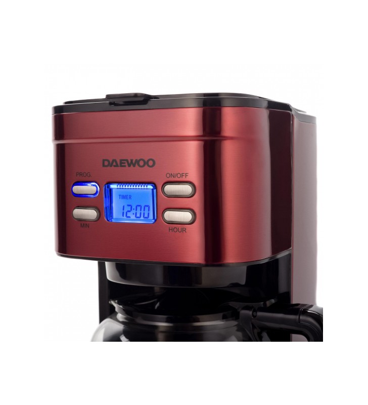 Cafetiera daewoo dcm1000r, 1000 w, 1.5 l, filtru permanent, timer 24 ore, indicator nivel apa, design ergonomic, rosu/negru
