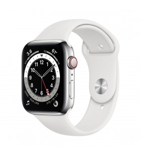 Apple watch s6 gps + cellular, 44mm silver stainless steel case with white sport band - regular