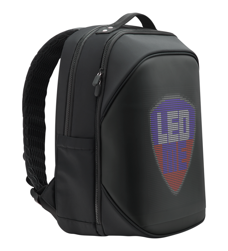Ledme backpack, animated backpack with led display, nylon+tpu material, dimensions 42*31.5*20cm, led display 64*64 pixels, black