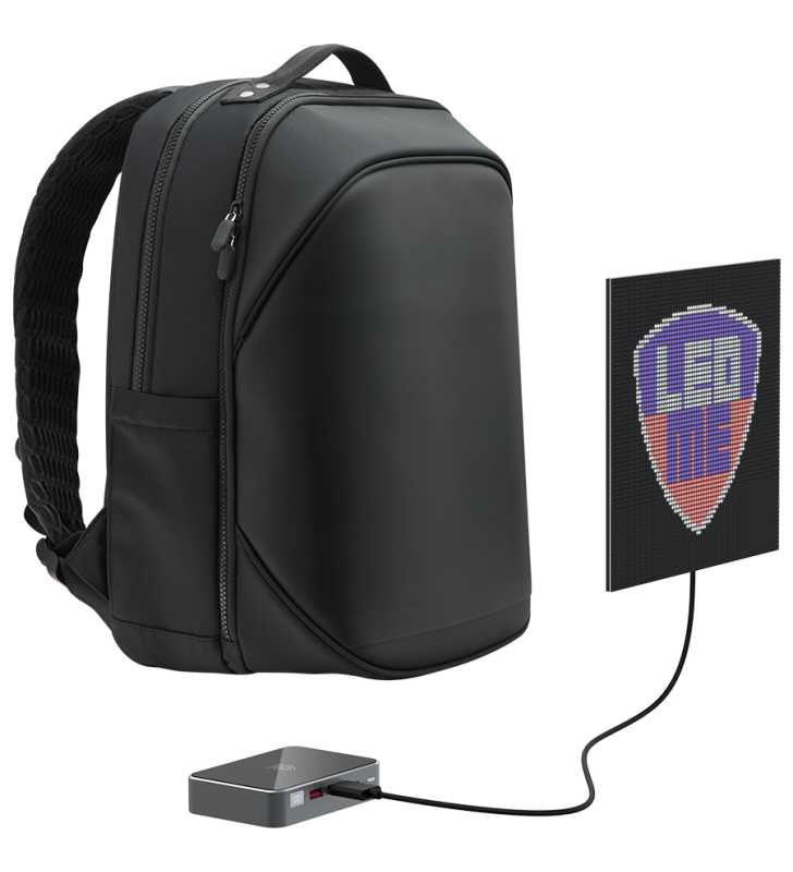 Ledme backpack, animated backpack with led display, nylon+tpu material, dimensions 42*31.5*20cm, led display 64*64 pixels, black