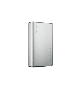 Canyon power bank 10000mah li-polymer battery, input micro/pd 18w(max), output pd/qc3.0 18w(max), with smart ic, aluminium alloy, cable length 0.24m, 100*62*22mm, 0.25kg, silver
