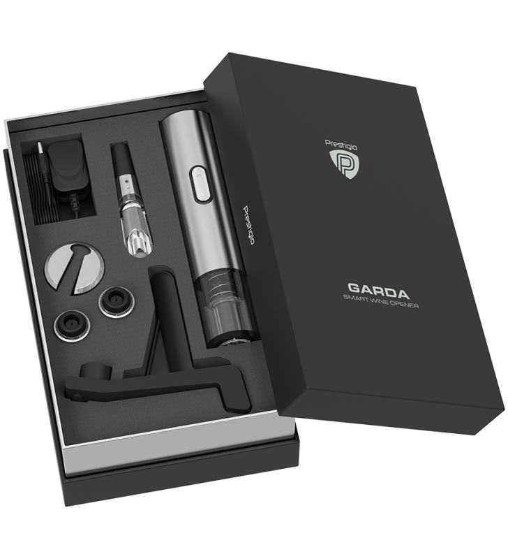 Garda, smart wine opener, aerator, vacuum stopper preserver, foil cutter, 500mah battery, dimensions d 17mm* h 290mm* w100 mm, silver