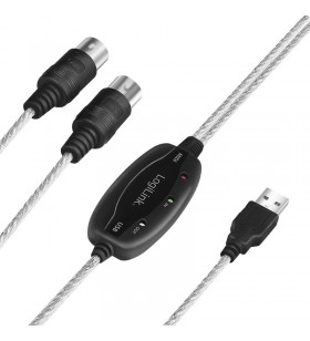 Adaptor audio logilink usb-a (m) to 2 x midi in-out 5-pin, led, cablu 1.9m, usb powered, "ua0037n"