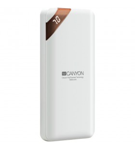 Canyon power bank 10000mah li-poly battery, input 5v/2a, output 5v/2.1a(max), with smart ic and power display, white, usb cable 