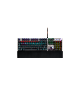 Wired gaming keyboard,black 104 mechanical switches,60 million times key life, 22 types of lights,removable magnetic wrist rest,4 multifunctional control knob,trigger actuation 1.5mm,1.6m braided cable,us layout,dark grey, size:435*125*37.47mm, 840g